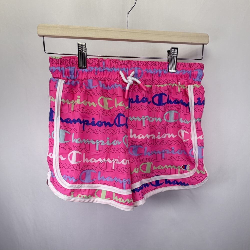 Champion Girls Athletic Shorts Pink Logo Print Drawstring Elastic‎ Waist 14/16